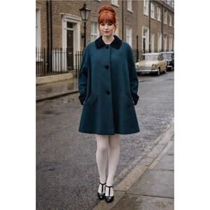 Herman Kay 90s VTG Dolly Coat M Forest Green Wool Velvet Trim Jacket